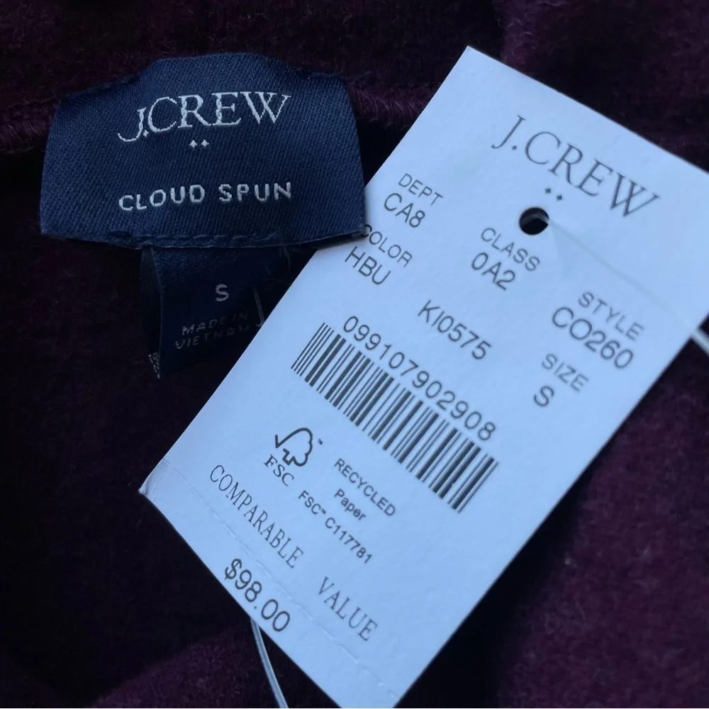 J. Crew Cowlneck Pullover in Cloudspun Yarn in Heather Burgundy Size S NWT